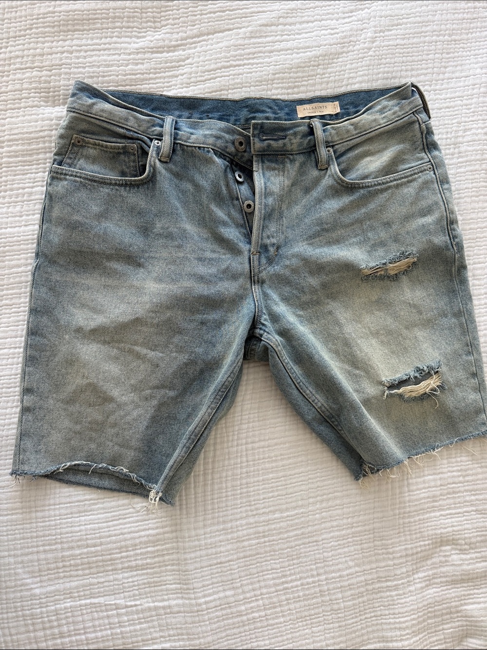 All Saints Men's Washed Blue Distressed Denim Shorts